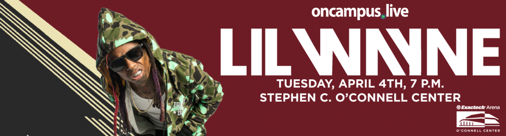 Lil Wayne in camouflage jacket and sunglasses, angled toward the left. Bold white text announces event details. Red and white background.