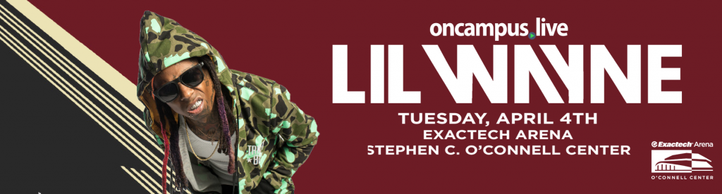 Lil Wayne in camouflage jacket and sunglasses, large white text announcing concert details: date, venue, and location. Red and white banner.