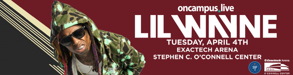 Lil Wayne in camouflage jacket and sunglasses, promotional banner for concert on April 4th at Exactech Arena.