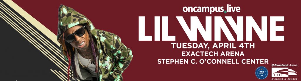 Lil Wayne in a camouflage jacket and sunglasses, centered on a red and gray banner. Event details below: Tuesday, April 4th at Exactech Aren