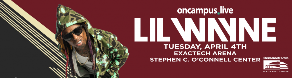 Lil Wayne in camouflage jacket and sunglasses, large white text announcing concert details: date, venue. Red and black background.