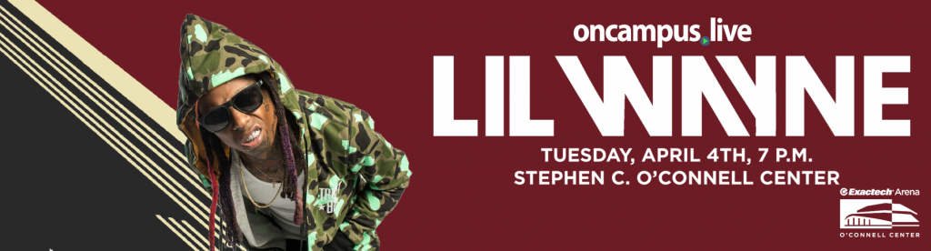 Lil Wayne in camouflage jacket and sunglasses, facing left. Bold white text announces event details. Red and gray background.