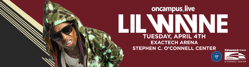 Lil Wayne in camouflage jacket and sunglasses, centered on a red and white banner with event details.