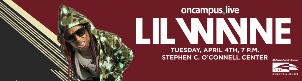 Lil Wayne in camouflage jacket and sunglasses, facing left. White text announces event details: date, time, and venue.