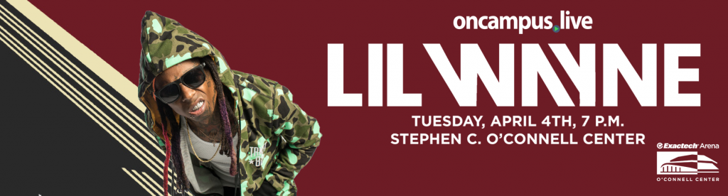 Lil Wayne in camouflage jacket, smiling with sunglasses. White text announces event details: date, time, location. Red and white background.