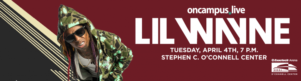 Lil Wayne in camouflage jacket and sunglasses, centered against a maroon background with white text announcing a performance.