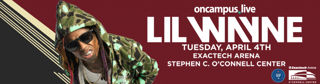 Lil Wayne in camouflage jacket and sunglasses, promotional banner for concert. Red and dark blue background.