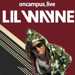 Lil Wayne in a camouflage hoodie and sunglasses. Diagonal black and gold stripes in the background. “oncampus.live” at top.