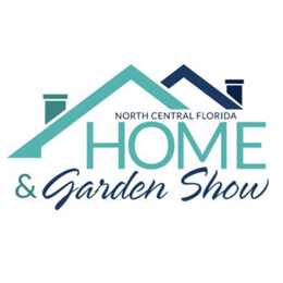 Blue and teal house shape with “HOME & Garden Show” text. “North Central Florida” is centered within the house shape.
