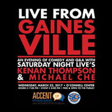 Red and black promotional poster for a comedy show with Kenan Thompson and Michael Che. Includes event details.