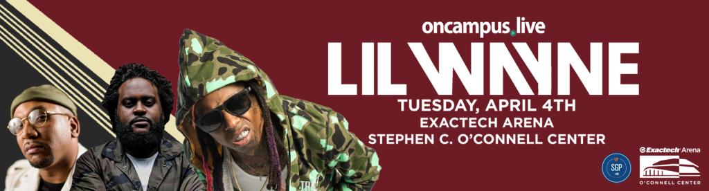 Lil Wayne in camouflage jacket, with another person in a hat. Event details: Tuesday, April 4th, Exactech Arena.