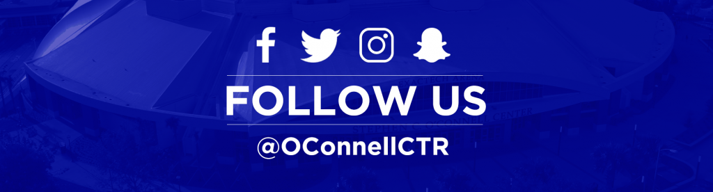 Social media icons (Facebook, Twitter, Instagram, email) and text over a blurred stadium view.
