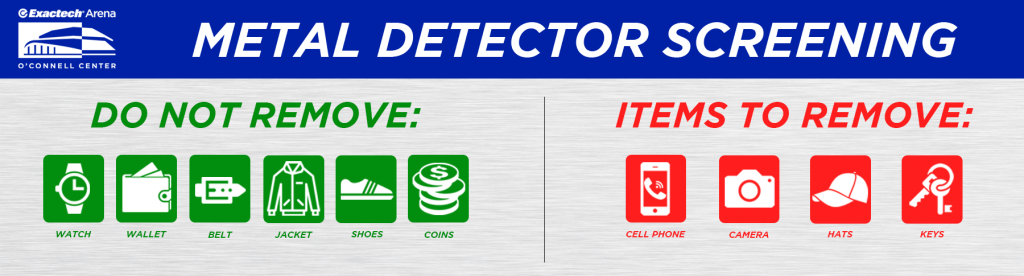 Sign listing items to leave on or remove before metal detector screening. Icons include watch, wallet, belt, jacket, shoes, coins, phone, ca