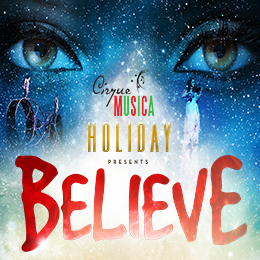 Large blue eyes dominate a dark blue and black speckled background. Below, silhouetted figures and red text reading “BELIEVE.