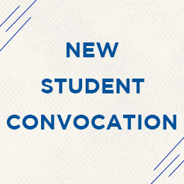 Blue text on a light gray patterned background reads "NEW STUDENT CONVOCATION" with angled blue lines at the top and bottom.