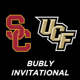 USC and UCF logos in red and gold on a black background with “BUBLY INVITATIONAL” in white text below.