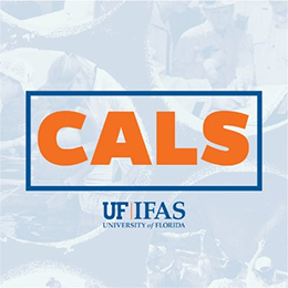 Orange “CALS” text in a blue rectangle over a blurred blue and white background. Below, “UF IFAS UNIVERSITY of FLORIDA” in small text.