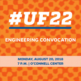 Orange background with white polka dots and a large white hashtag UF22. Blue and white horizontal bars display event details.