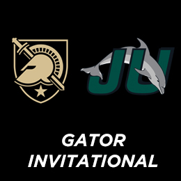 Two logos and text on black background. Left: gold helmet with sword, star. Right: green leaping dolphins. Below: “GATOR INVITATIONAL” in wh