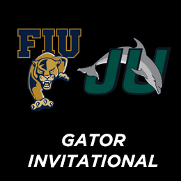FIU logo with a panther, Jacksonville State logo with a dolphin, and text “GATOR INVITATIONAL” on a black background.