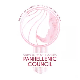 Pink watercolor illustration of a woman’s profile within an oval frame. Below, “UNIVERSITY OF FLORIDA PANHELLENIC COUNCIL” in pink text.