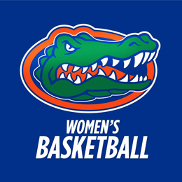 Green alligator head with orange outline, over blue background. Text below reads "WOMEN'S BASKETBALL" in white.