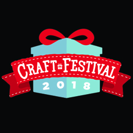 Blue gift with a red bow, framed by a red ribbon banner reading “CRAFT FESTIVAL 2018” in white text. Black background.