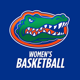 Green alligator head with orange outline, above white text reading "WOMEN'S BASKETBALL" on a blue background.
