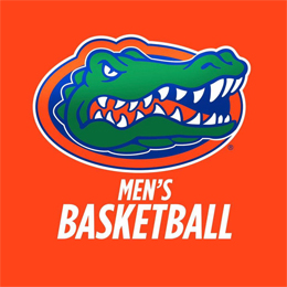 Orange background with a green alligator head in a blue outline. Below, white text reads "MEN'S BASKETBALL".
