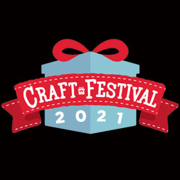 Blue gift box with a red bow and ribbon banner reading “CRAFT FESTIVAL 2021”.