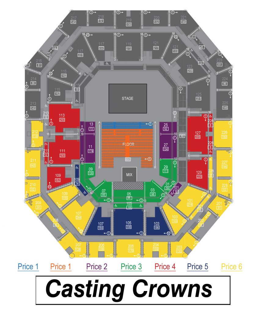 Seating chart for a concert venue, viewed from above. Sections are color-coded and numbered, with “STAGE” and “FLOOR” labeled. Price levels