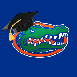 Green alligator head with an orange outline, wearing a black graduation cap with a gold tassel, on a blue background.