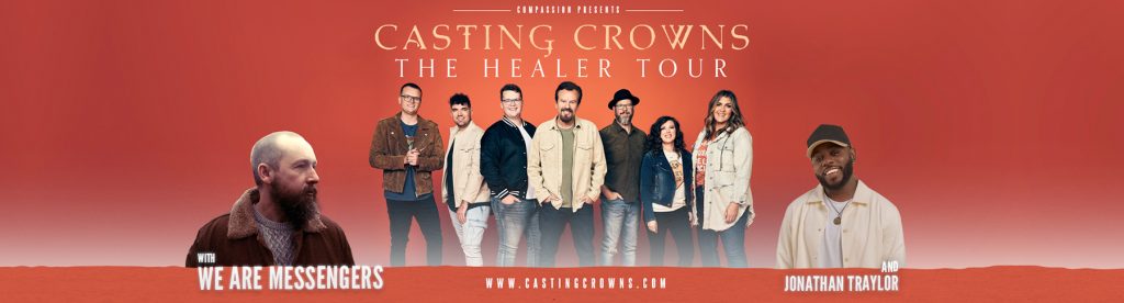 Group of seven people and two individuals in separate boxes, promoting a tour. Red background.