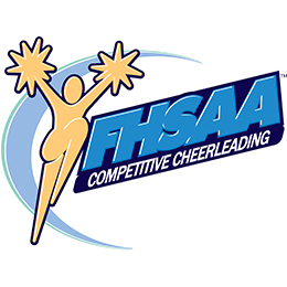 Silhouettes of two cheerleaders with arms raised, above a blue and black logo reading "FHSAA Competitive Cheerleading".
