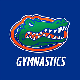 Green alligator head with orange outline on a blue background. White text below reads "GYMNASTICS".