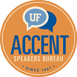 Circular logo with orange background. Dark blue speech bubble with “UF” inside, above the word “ACCENT” in large, dark blue letters. Below