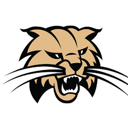 Tan and black bobcat head with white whiskers and teeth.