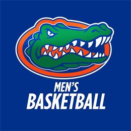 Green alligator head with orange outline, facing forward. Below, white text reads "MEN'S BASKETBALL". Dark blue background.