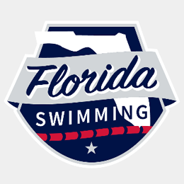 Shield-shaped logo with a dark blue outline and state silhouette. White text reads "Florida" over navy "SWIMMING" and red stripes. A white s