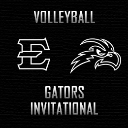 Volleyball logo with a white “E” and eagle head above “GATORS INVITATIONAL” in white text on a dark background.