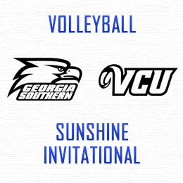 Blue graphic with “VOLLEYBALL” at top, eagle logo with “GEORGIA SOUTHERN” and “VCU” logos, and “SUNSHINE INVITATIONAL” at bottom.