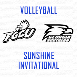 Two eagle logos above the words “SUNSHINE INVITATIONAL” and “VOLLEYBALL”. Logos for FGCU and Georgia Southern. Blue and white color scheme.