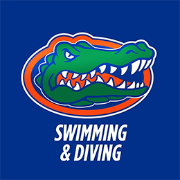 Green alligator head with orange outline on a blue background. White text below reads "SWIMMING & DIVING".